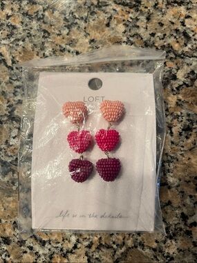 LOFT Triple Heart Beaded Dangle Earrings in Pink Gradient